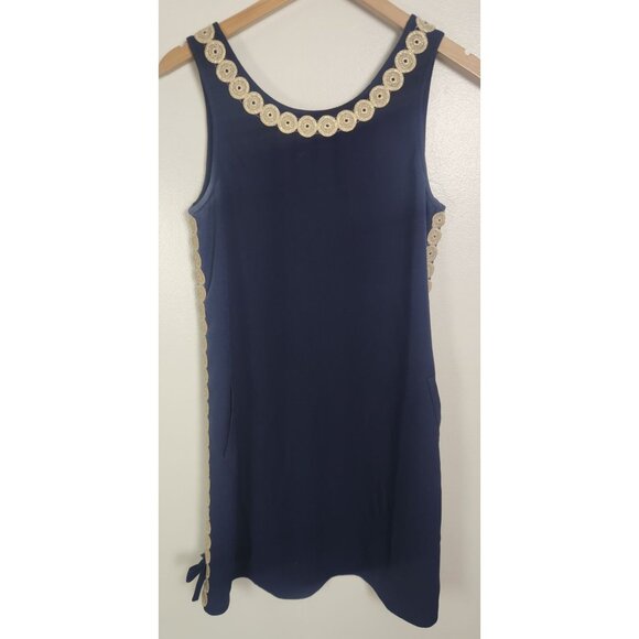 Lilly Pulitzer Women's Sz. 4 Navy & Gold Stella Shift Dress Embroidery Bows - Picture 1 of 7